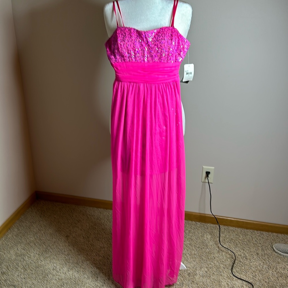 Hot pink sequined mini/sheer maxi